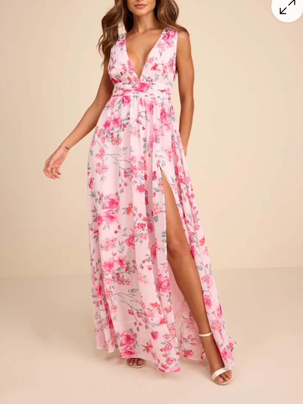 Lulu's Pink Floral V-Neck Slit Maxi Dress